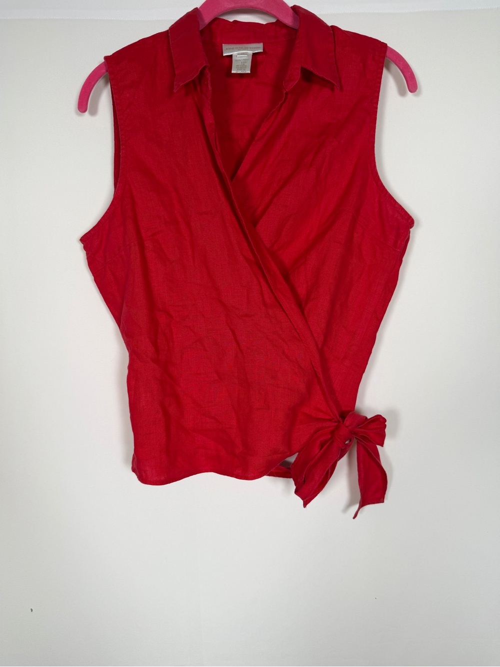 Vintage Linen Sleeveless Red Wrap Tie-Front Blouse - preppy, minimalist